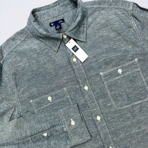 NEW Gap Shirt Men's Large Blue Button Up Linen Blend Long Sleeve Slim Fit